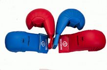 Накладки на руки для карате BestSport, WKFappr, ПУ (синие/красные) р.L (15+)  1127WKF